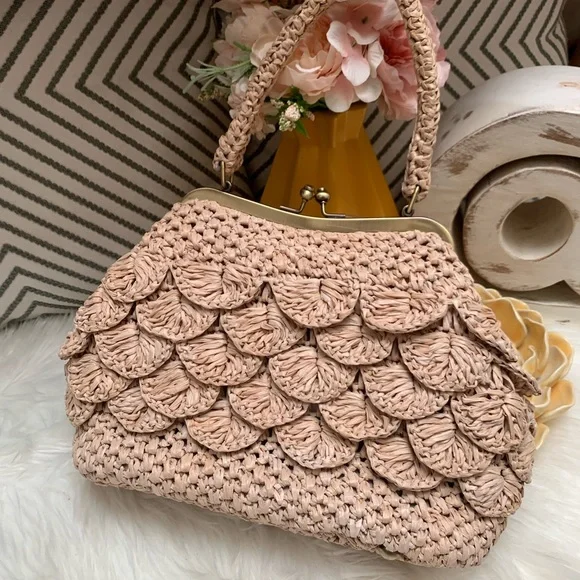 Patricia Nash Woven Raffia Frame Bag in Nude Pink